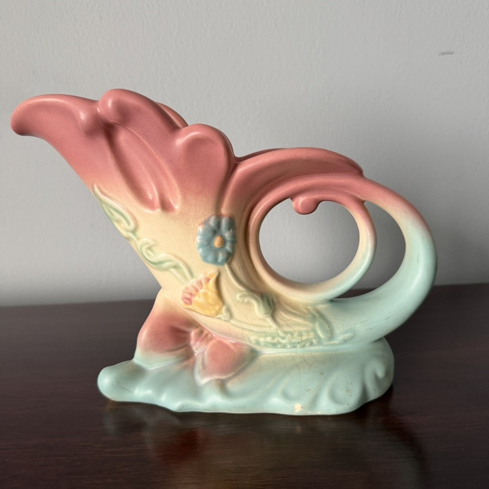 Mint 1950s Satin Bow Knot Cornucopia Pottery U.S.A. Hull Art B-5-7 1/2 Pink Blue